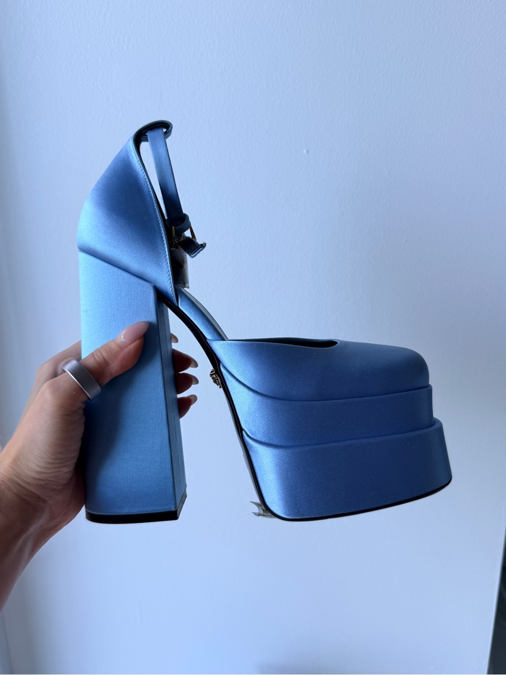 Versace Collection Blue Satin Platform Mary Jane Pump